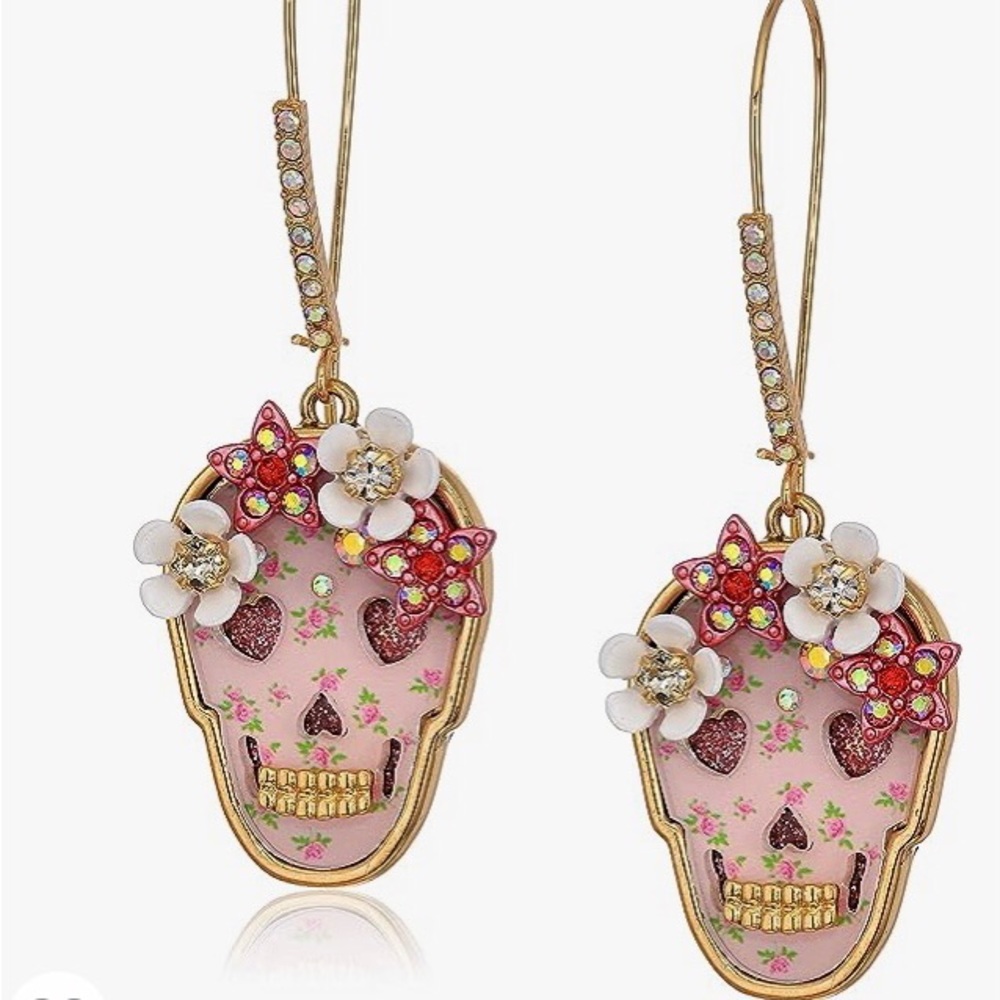 Betsey Johnson Pink Floral Sugar Skull Dangle Earrings